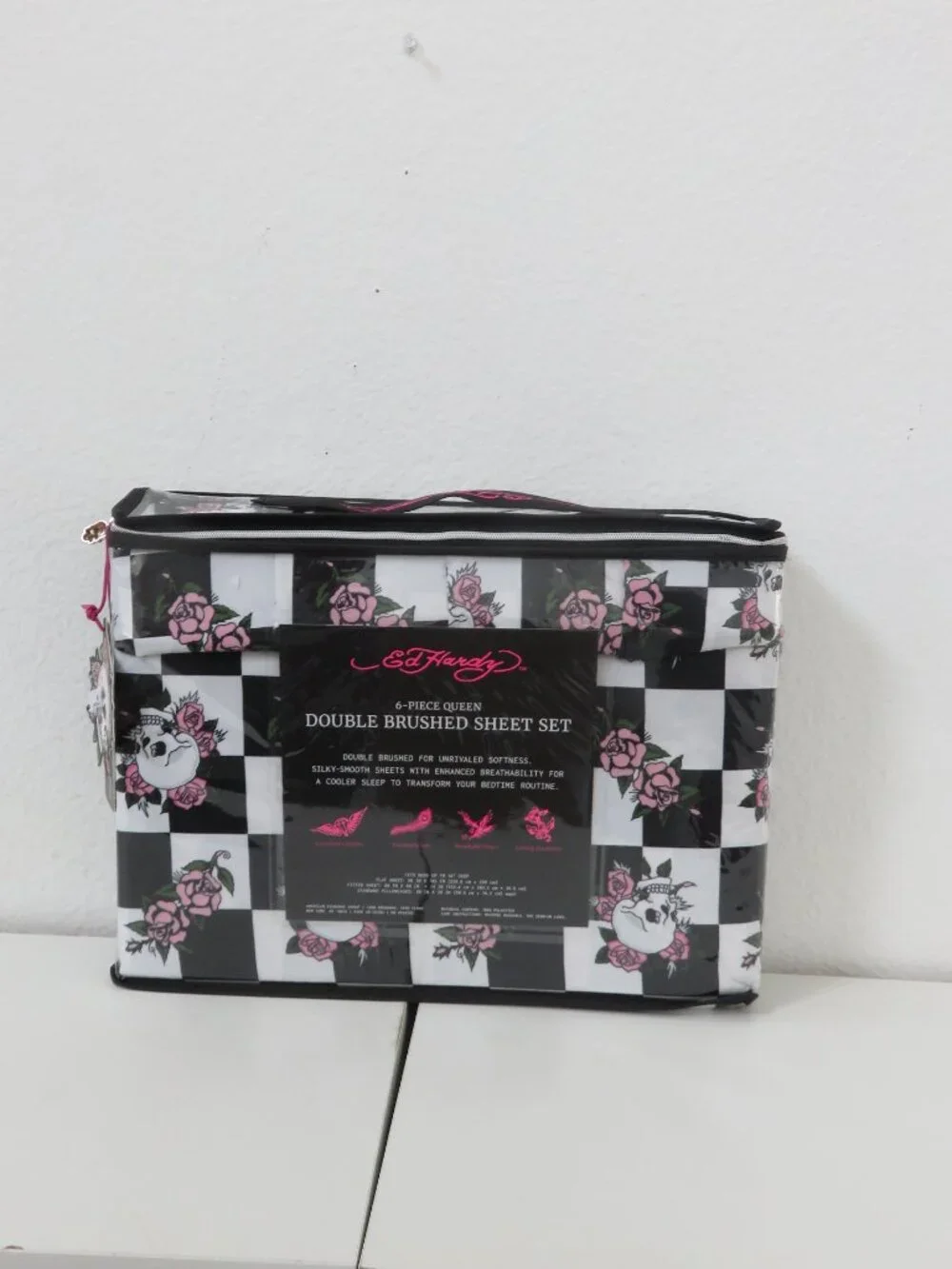 Ed Hardy 6pc Queen Sheet Set Black White Checkered Print & Skulls